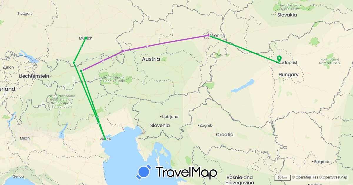 TravelMap itinerary: driving, bus, train in Austria, Germany, Hungary, Italy (Europe)